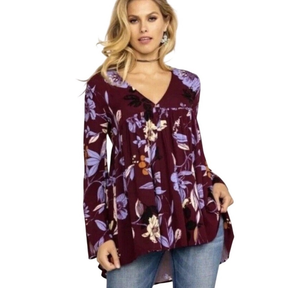 Free People Bella Floral Bell Sleeve Tunic Maroon Print V-Neck Blouse Size XS